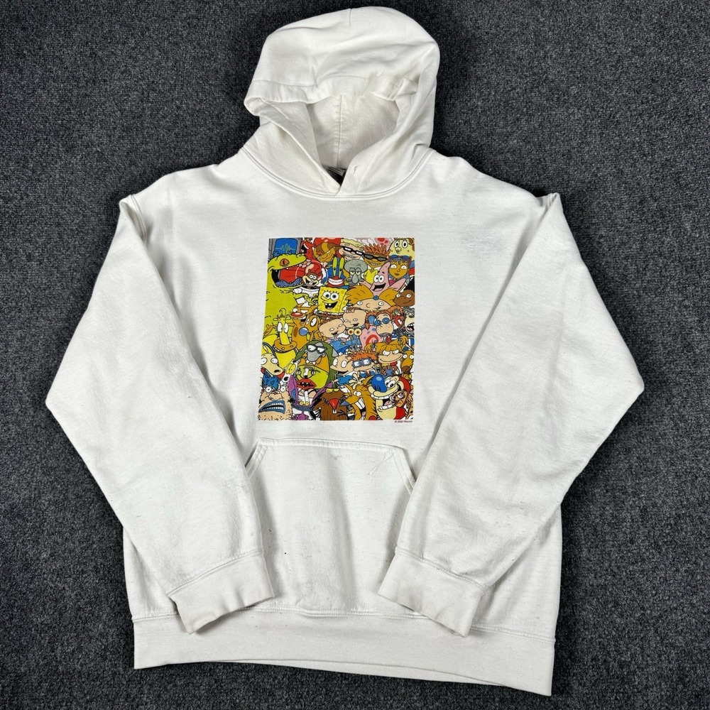 Vintage Nickelodeon Hoodie White Sweatshirt 90s Cartoon Collage Graphic M